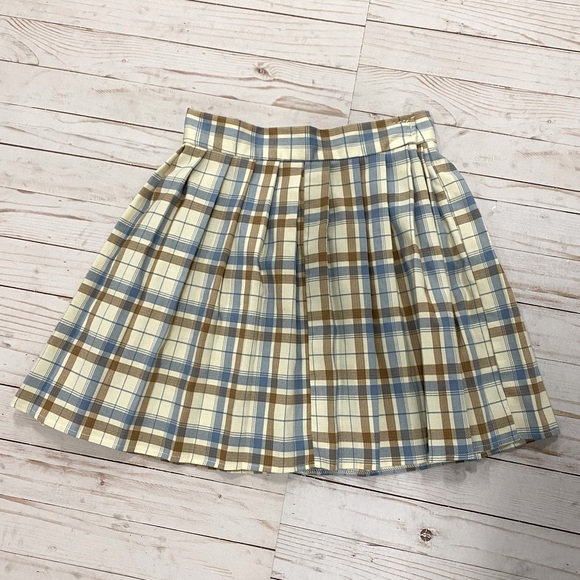 Vintage Dresses & Skirts - Vintage pleated plaid skirt cream blue XS